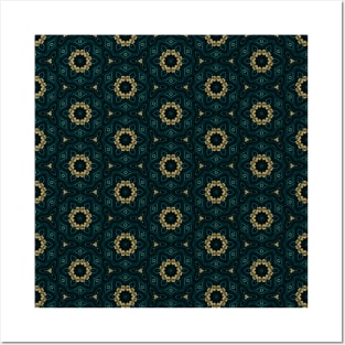 Blue and Gold Hexagonal Geometric Flower Pattern Posters and Art